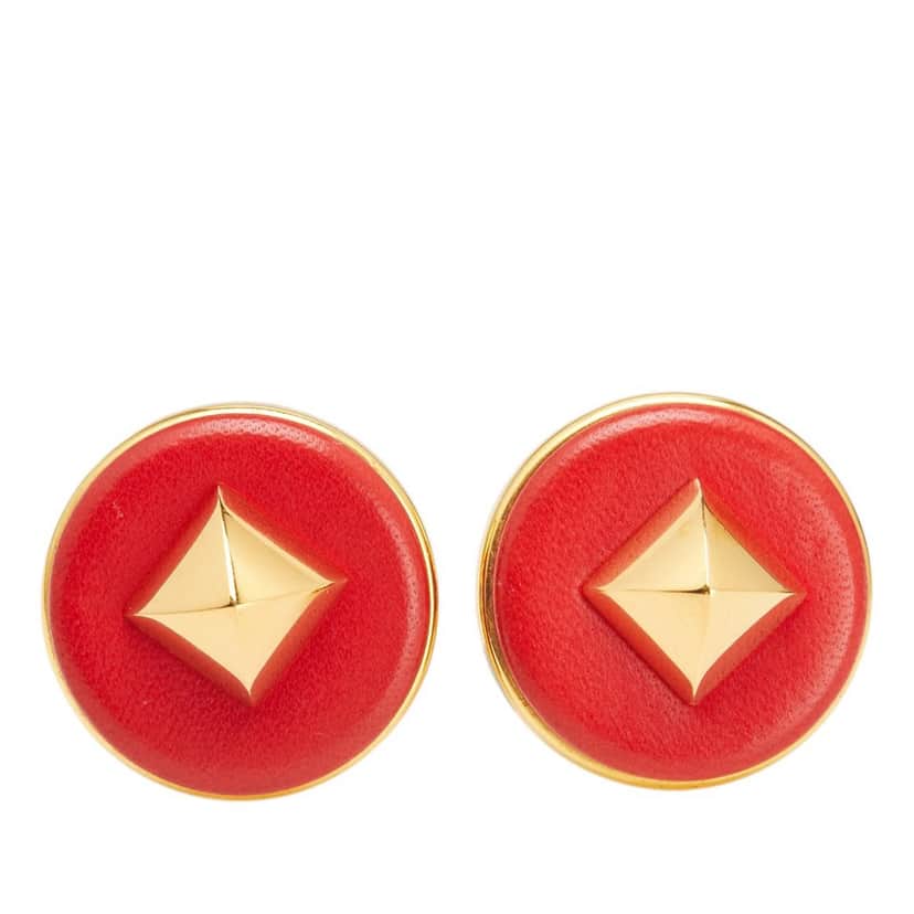 Hermès Gold Plated and Leather Medor Round Clip on Earrings Red Leather Good condition - Front View