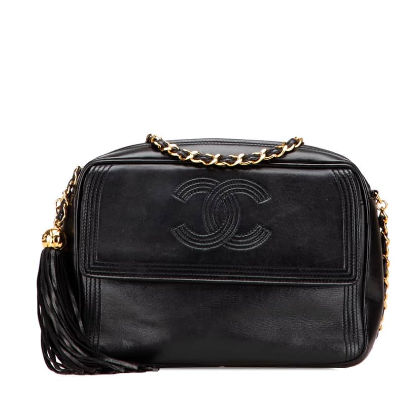 Chanel CC Quilted Lambskin Tassel Stitched Flap Crossbody Black Leather Good condition - Front View