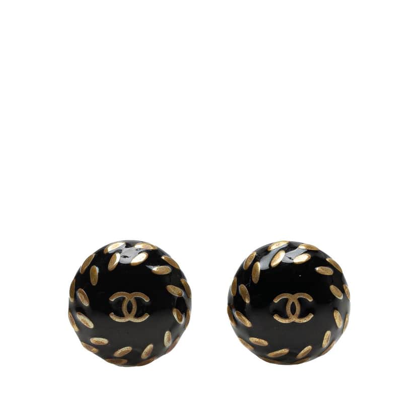 Chanel CC Resin and Gold Plated Button Clip On Earrings Black Good condition - Front View