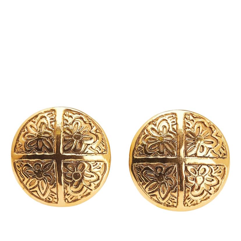 Chanel Gold Plated Camellia Cross Dome Clip On Earrings Gold Metal Good condition - Front View