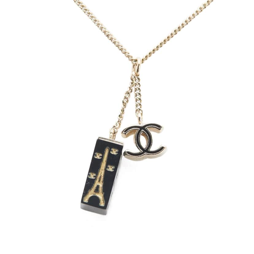 Chanel Gold Plated Enamel CC Eiffel Tower Charm Necklace Gold Metal Good condition - Front View