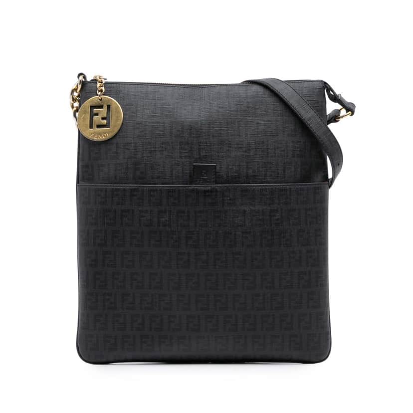 Fendi Zucchino Coated Canvas Charm Zip Crossbody Black Canvas Good condition - Front View