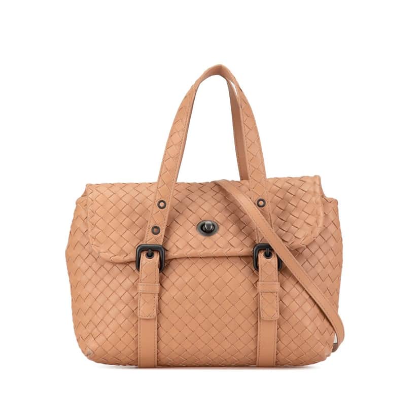 Bottega Veneta Intrecciato Flap Satchel Brown Leather Good condition - Front View