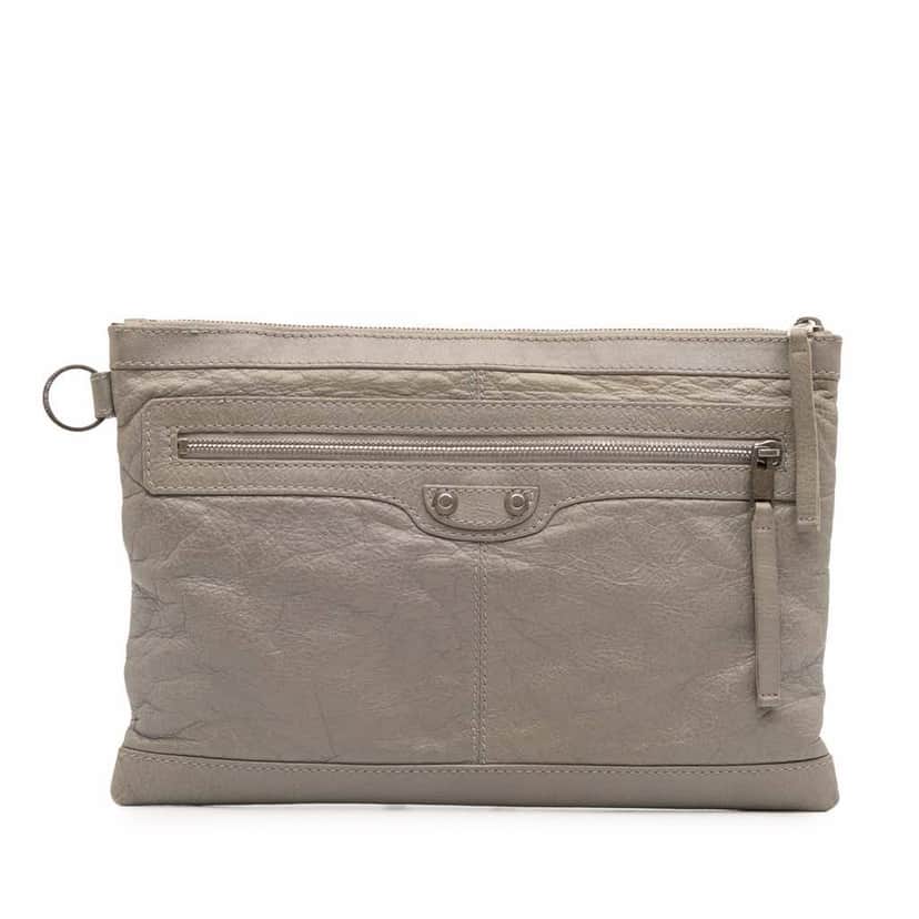 Balenciaga Lambskin Motocross Classic Clip M Clutch Grey Leather Very good condition - Front View