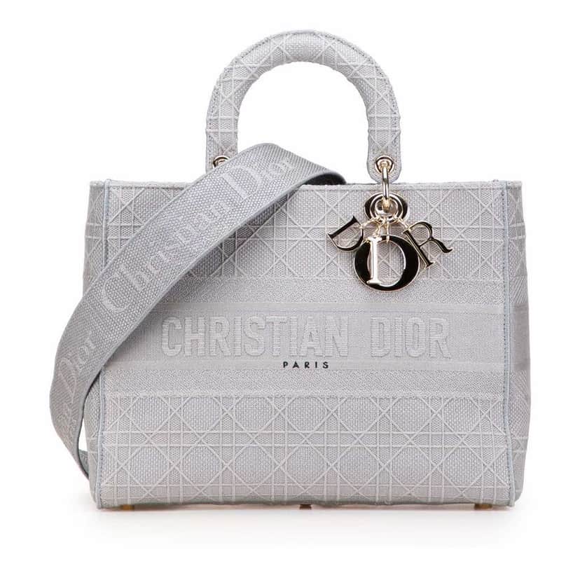 Dior Large Canvas Embroidered Cannage Lady D Lite Grey Canvas Good condition - Front View