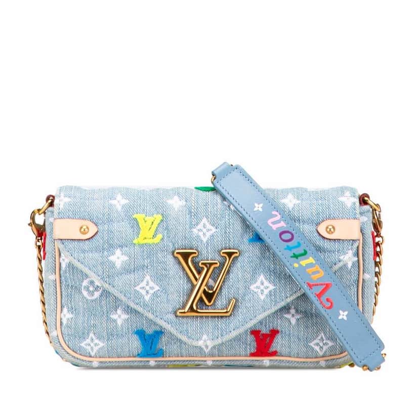 Louis Vuitton Embroidered Monogram Denim New Wave Chain Pochette Blue Denim Good condition - Front View