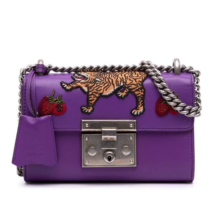 Gucci Small Embroidered Calfskin Tiger Strawberry Padlock Crossbody Purple Leather Good condition - Front View