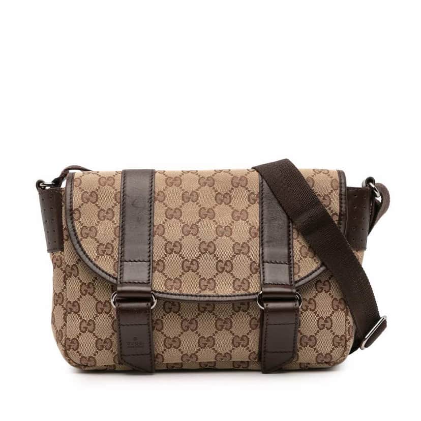 Gucci Small GG Canvas Double Buckle Flap Messenger Bag Brown Canvas Good condition - Front View