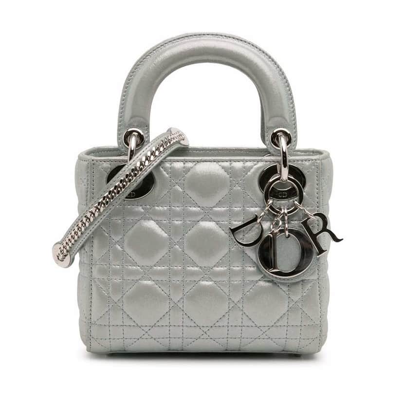 Dior Mini Iridescent Lambskin Cannage Lady Dior Blue Leather Good condition - Front View