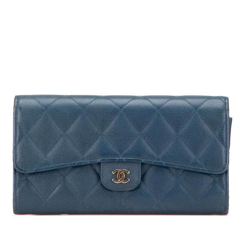 Chanel CC Quilted Caviar Classic Flap Wallet Blue Leather Good condition - Front View