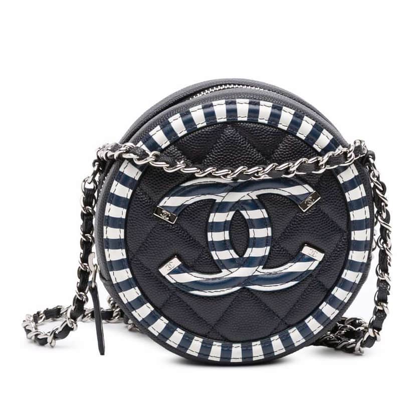 Chanel Caviar Striped CC Filigree Round Crossbody Blue Leather Good condition - Front View
