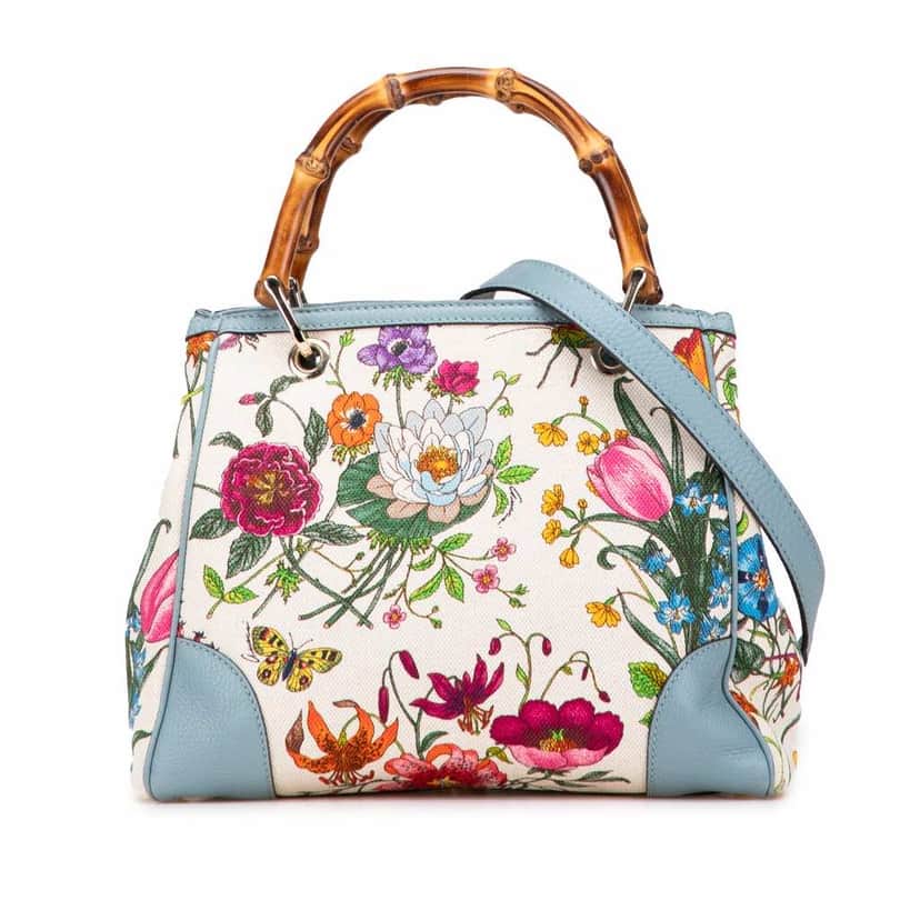 Gucci Small Canvas Flora Bamboo Shopper Satchel White Canvas Good condition - Front View