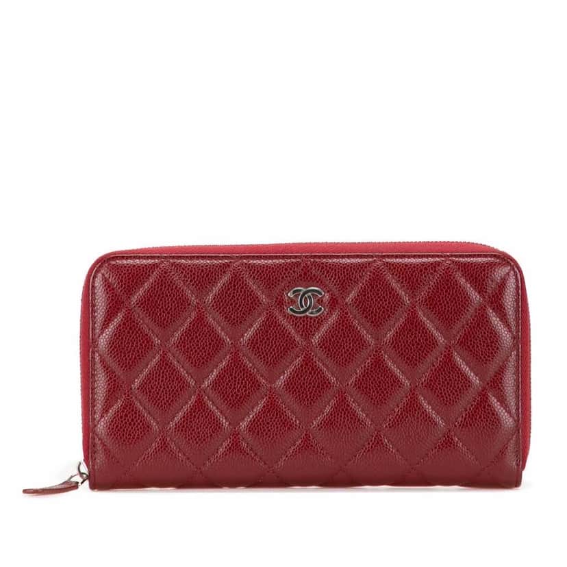 Chanel CC Quilted Caviar Zip Around Long Wallet Red Leather Very good condition - Front View