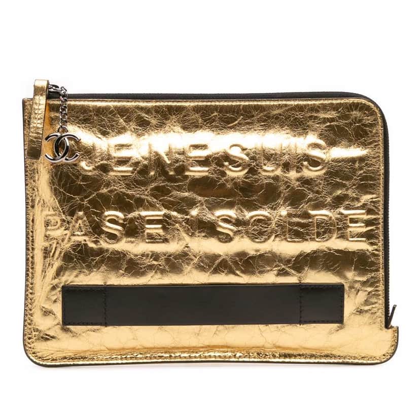 Chanel Metallic Lambskin Je Ne Suis Pas En Solde Clutch Gold Leather Very good condition - Front View