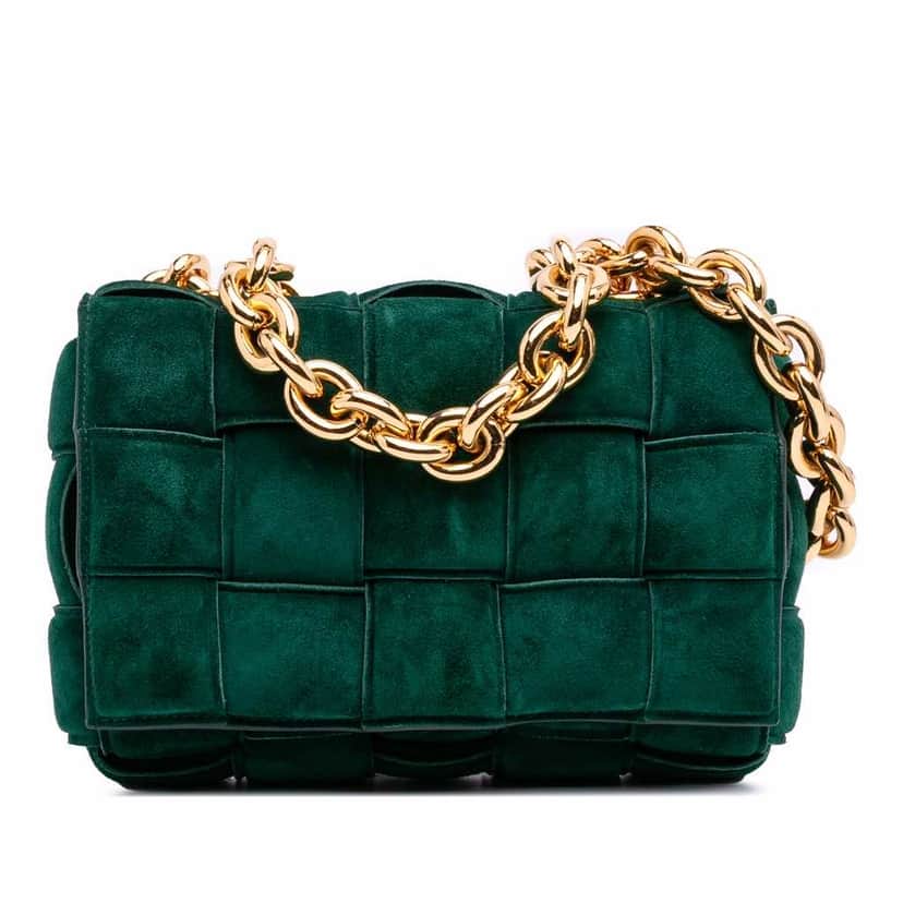Bottega Veneta Suede Intrecciato Padded Chain Cassette Satchel Green Leather Good condition - Front View
