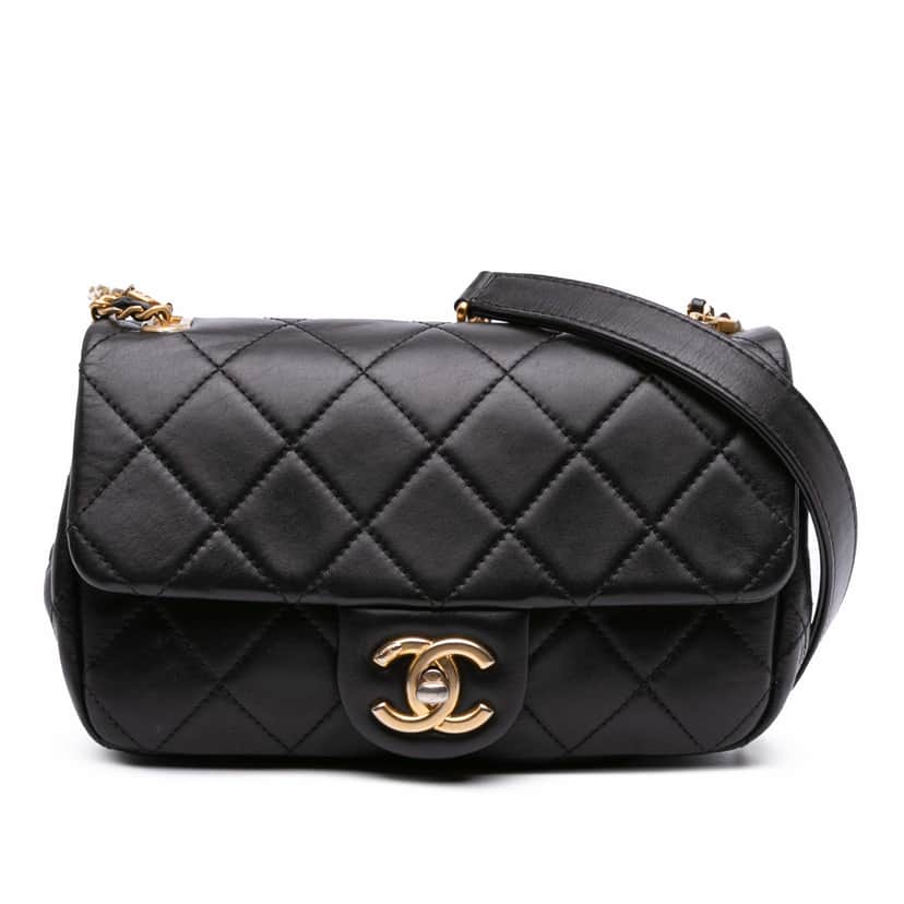 Chanel Mini Quilted Calfskin Crystal Pearls Chain Flap Black Leather Good condition - Front View