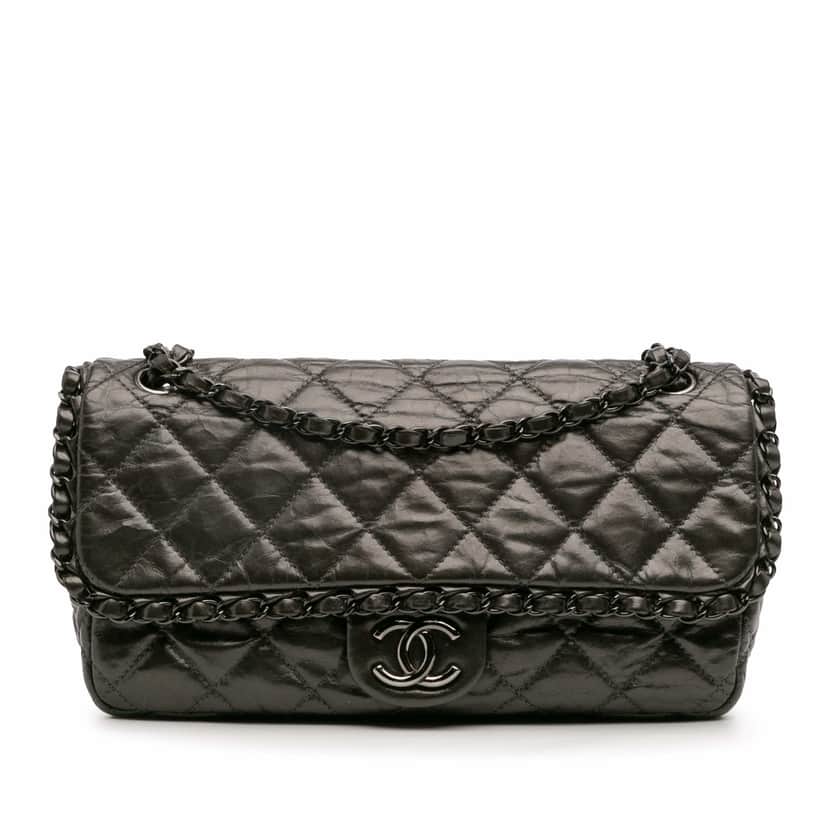 Chanel Medium Quilted Metallic Aged Calfskin Chain Me Flap Grey Leather Good condition - Front View