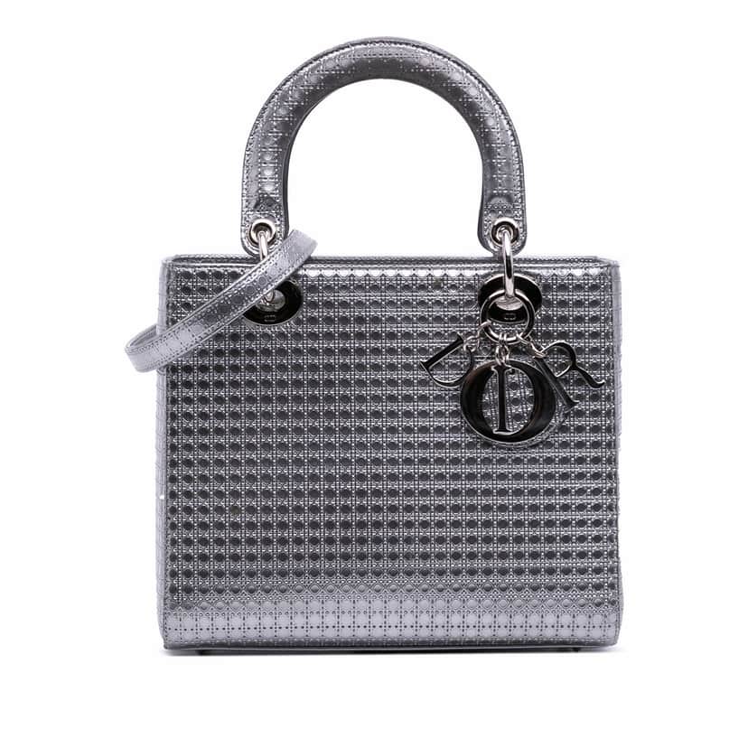 Dior Medium Metallic Patent Microcannage Lady Dior Silver Leather Good condition - Front View