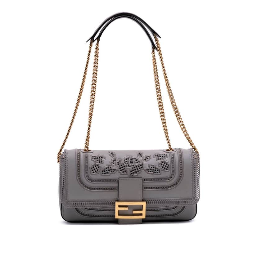 Fendi Embroidered Lace Leather Baguette Chain Grey Leather Good condition - Front View