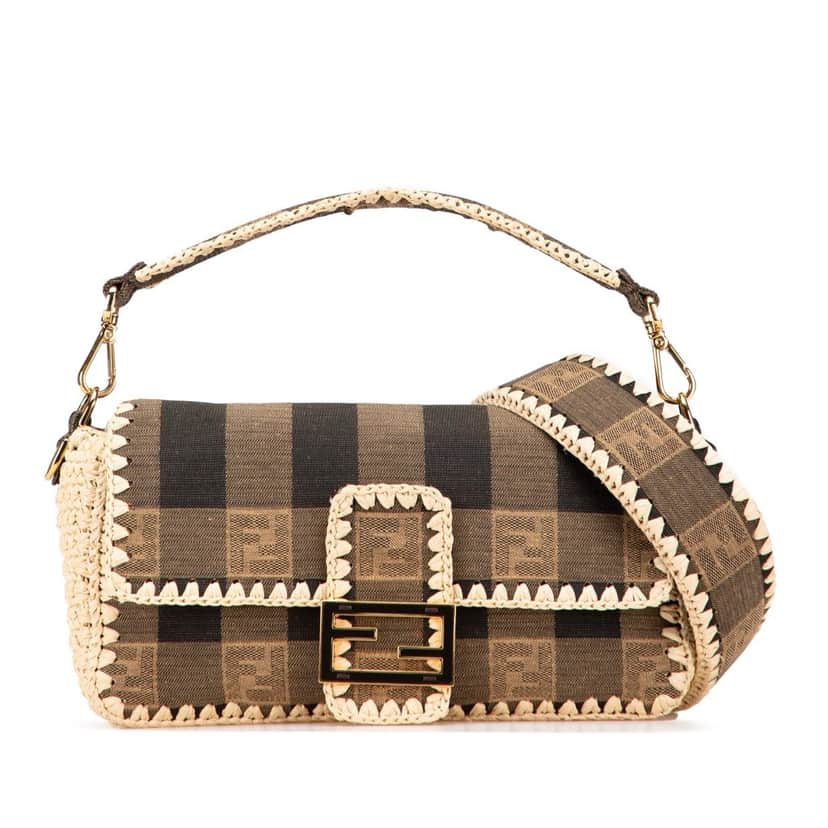 Fendi Pequin Gingham Canvas And Raffia Baguette Satchel Brown Canvas Good condition - Front View