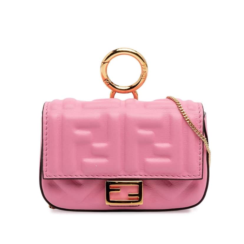 Fendi Nano Zucca Embossed Leather Baguette Charm Pink Leather Good condition - Front View