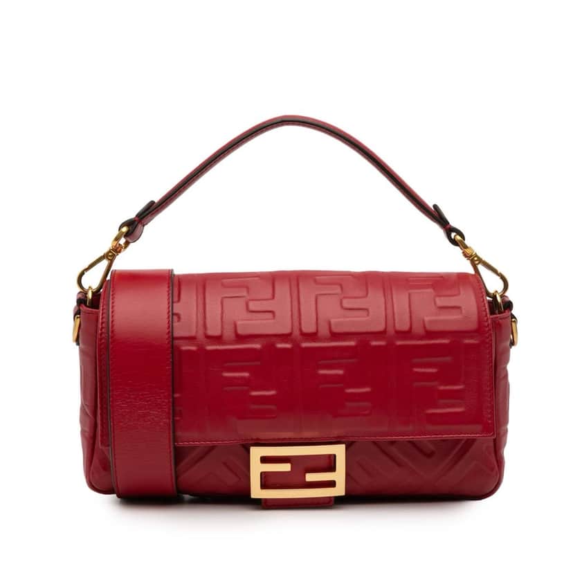 Fendi Zucca Embossed Leather Baguette Satchel Red Leather Good condition - Front View
