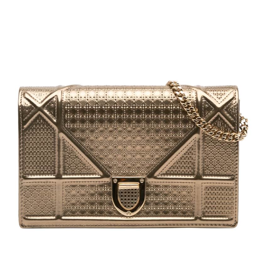 Dior Metallic Patent Microcannage Diorama Wallet on Chain Gold Leather Good condition - Front View