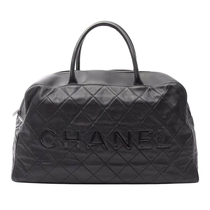Chanel Large Quilted Caviar and Patent Logo Bowler Bag Black Leather Good condition - Front View