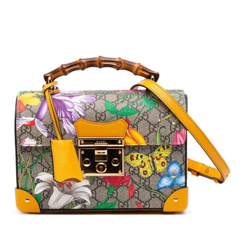 Gucci Small GG Supreme Flora Bamboo Padlock Satchel Brown Canvas Good condition - Front View