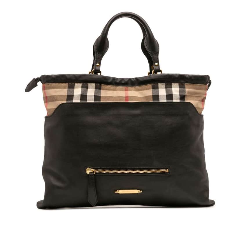 Burberry House Check Trimmed Leather Big Crush Convertible Tote Black Leather Good condition - Front View
