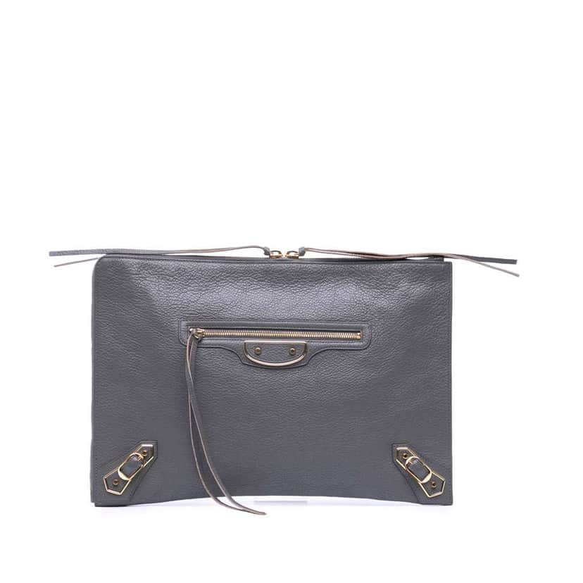 Balenciaga Goatskin Motocross Classic Metallic Edge Clutch Grey Leather Good condition - Front View