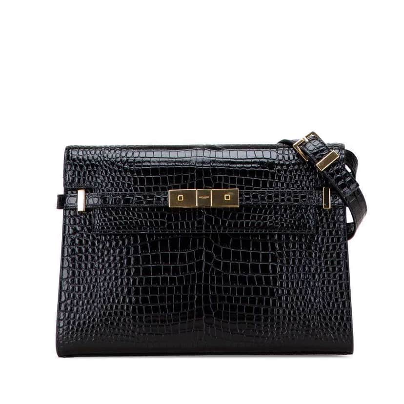 Saint Laurent Medium Shiny Croc Embossed Manhattan Shoulder Bag Black Leather Good condition - Front View