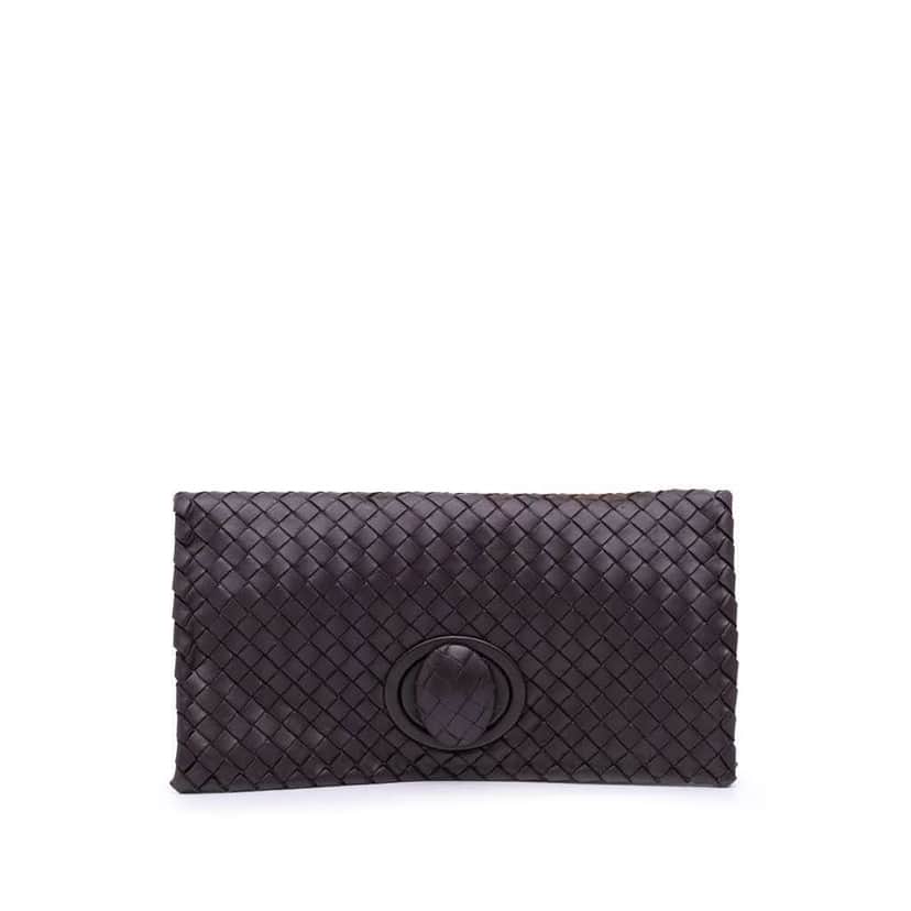 Bottega Veneta Nappa Intrecciato Turn Lock Clutch Brown Leather Good condition - Front View