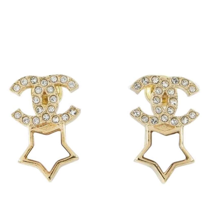 Chanel Gold Plated Rhinestone and Faux Pearl CC Star Push Back Earrings Gold Metal Good condition - Front View