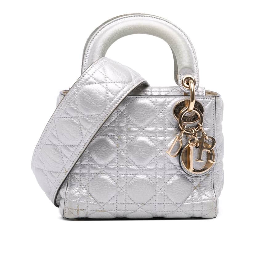 Dior Mini Metallic Grained Calfskin Cannage Lady Dior Silver Leather Very good condition - Front View