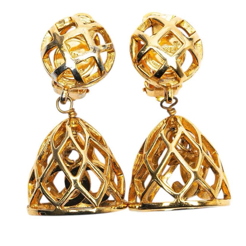 Chanel Gold Plated CC Bird Cage Drop Clip On Earrings Gold Metal Good condition - Front View