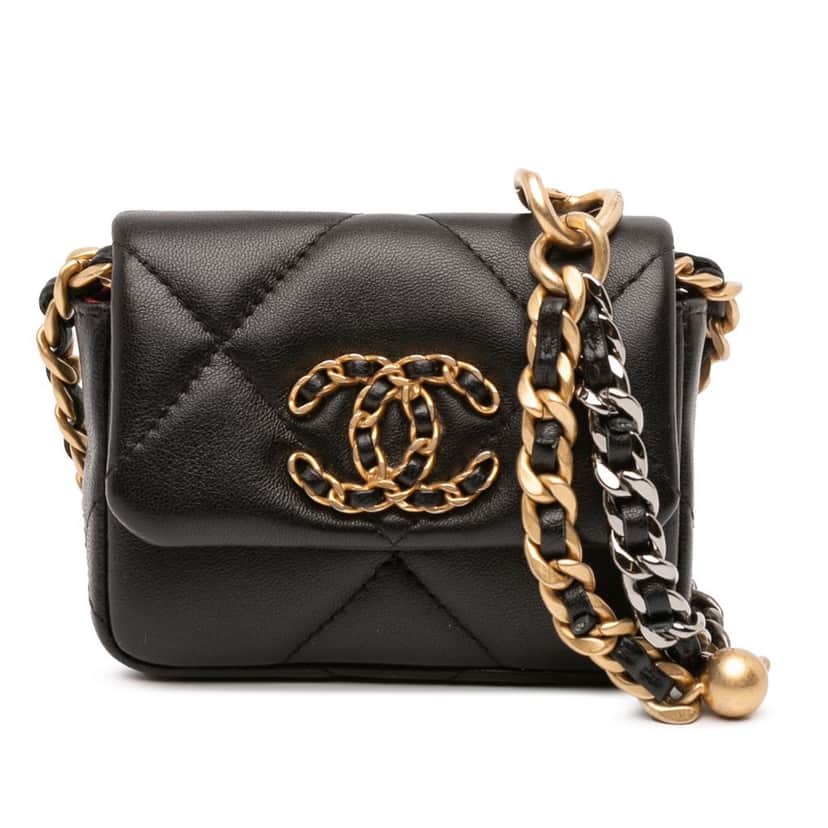 Chanel Lambskin 19 Flap Coin Purse With Chain Black Leather Good condition - Front View