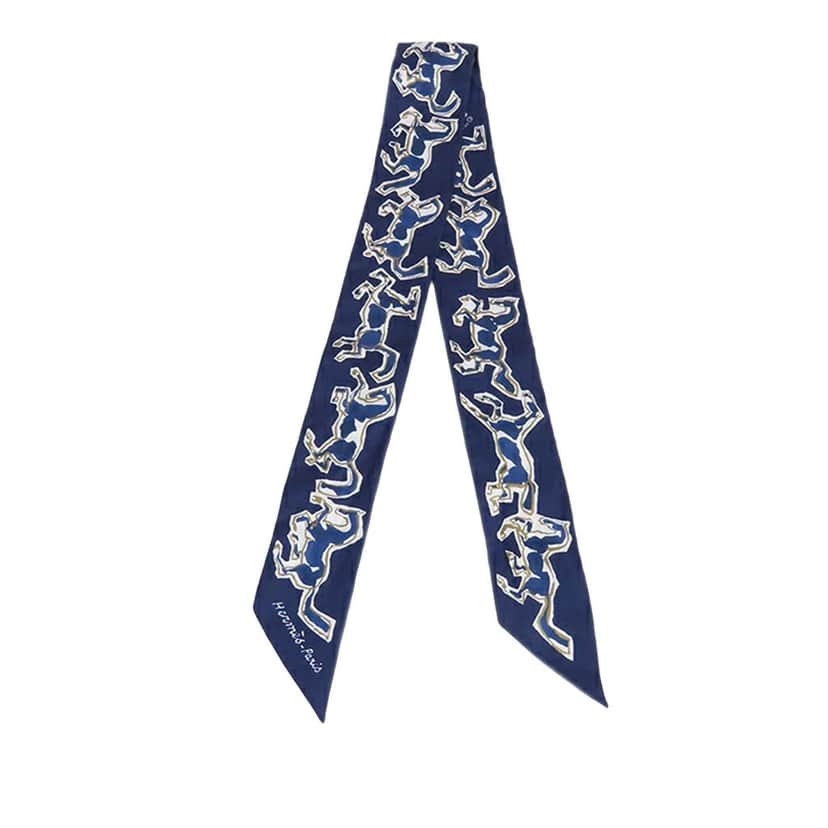 Hermès Chevaux En Liberte Silk Twilly Scarf Blue Silk Good condition - Front View