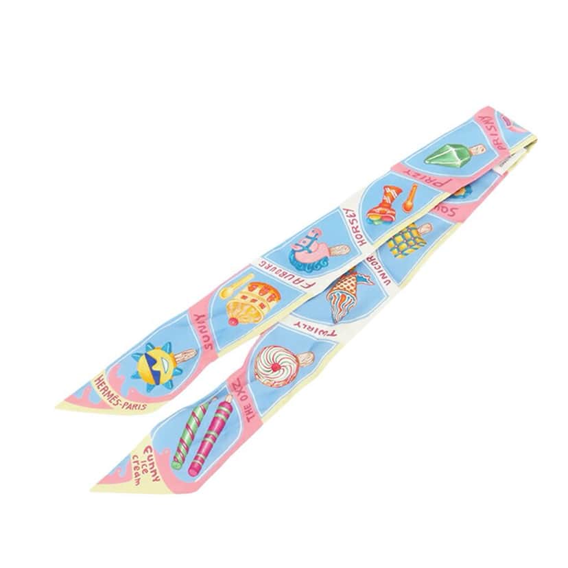 Hermès Funny Ice Cream Silk Twilly Scarf Blue Silk Good condition - Front View