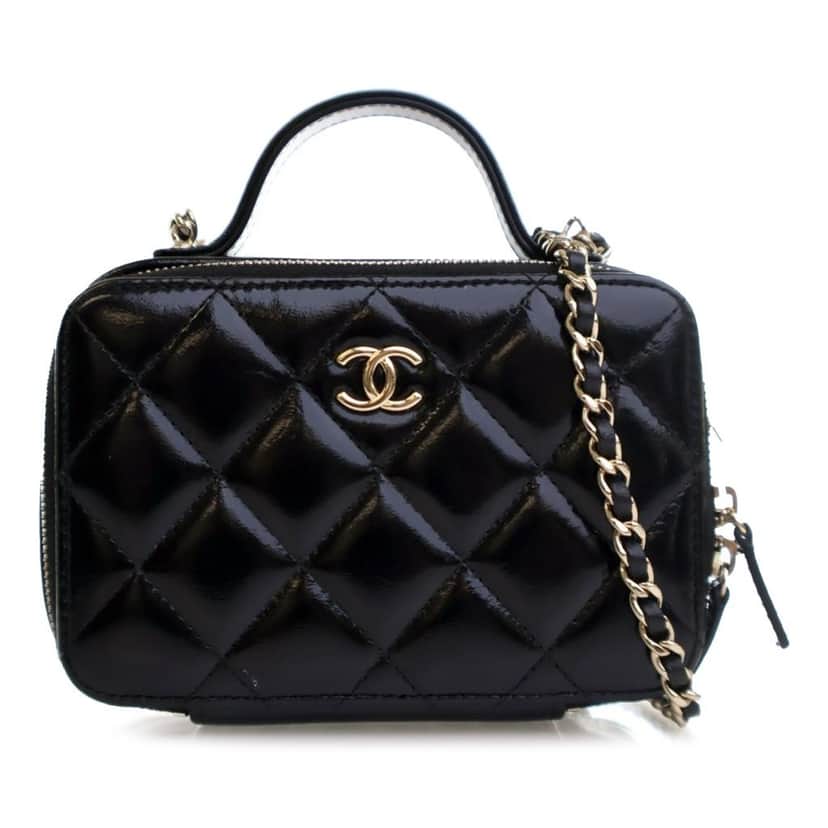 Chanel Mini CC Glazed Calfskin Double Zip Top Handle Vanity Case Black Leather Good condition - Front View