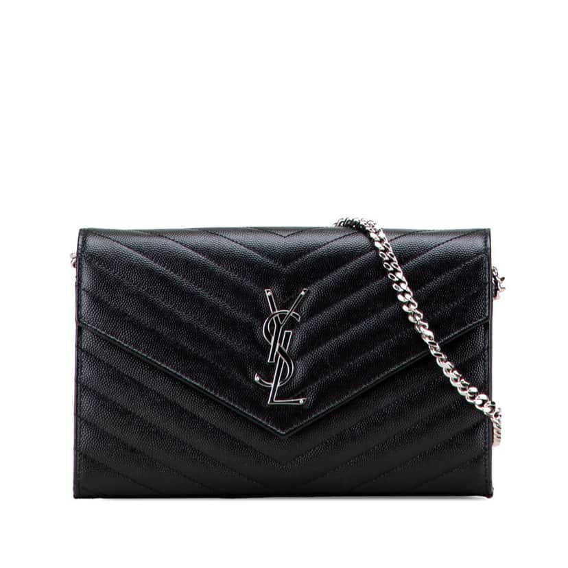Saint Laurent Grain De Poudre Cassandre Envelope Chain Wallet Black Leather Good condition - Front View