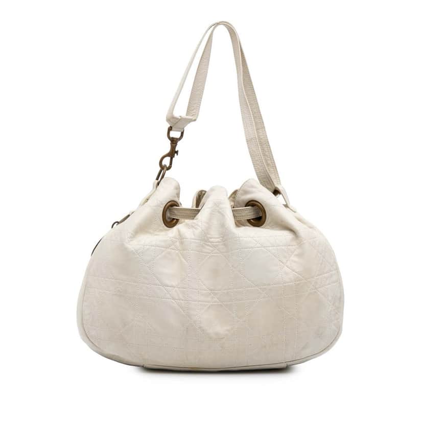 Dior Lambskin Cannage Drawstring Hobo White Leather Good condition - Front View