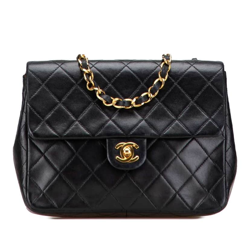 Chanel Square Quilted Lambskin Single Flap Black Leather Good condition - Front View