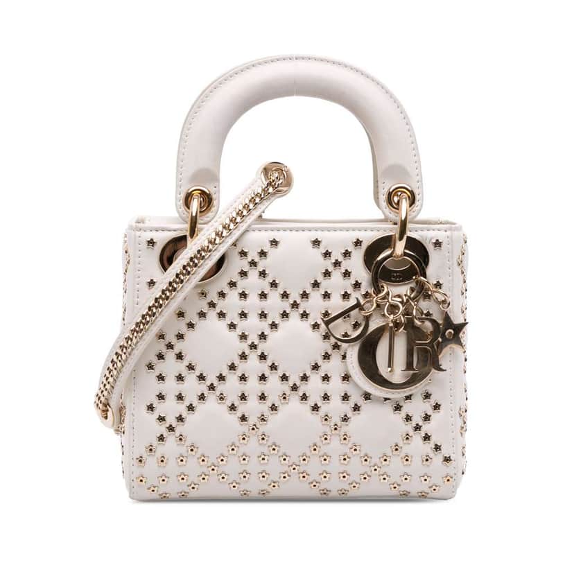 Dior Mini Lambskin Cannage Lucky Star Studded Lady Dior White Leather Good condition - Front View