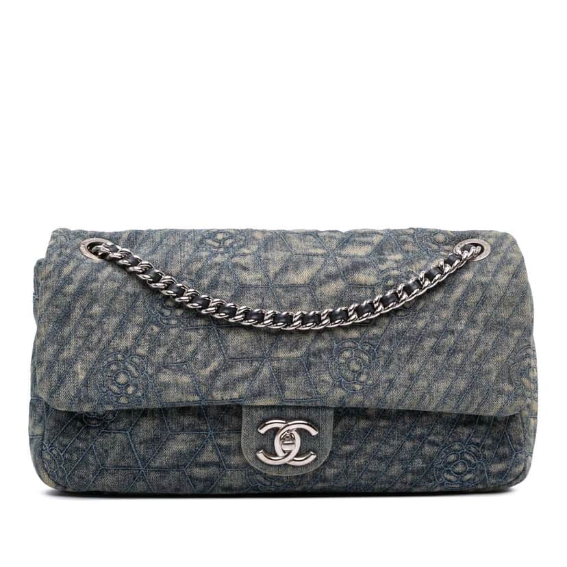 Chanel Large Embroidered Denim Camellia Flap Blue Denim Good condition - Front View
