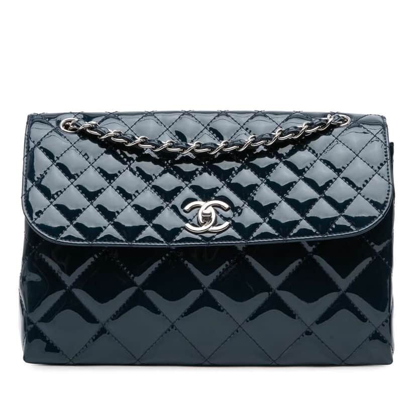 Chanel Quilted Patent In The Business Flap Blue Leather Good condition - Front View