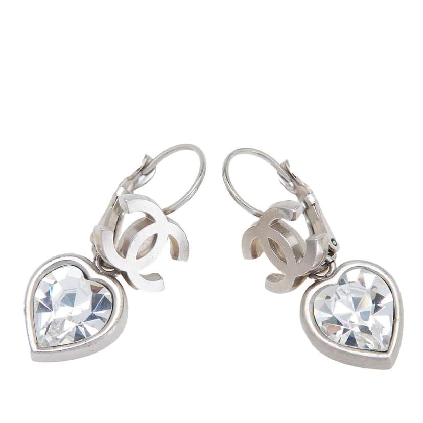 Chanel Silver Plated CC Crystal Heart Drop Lever Back Earrings Silver Metal Good condition - Front View