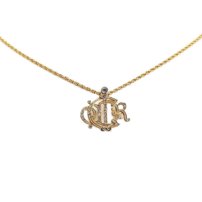 Dior Gold Plated Logo Crystal Pendant Necklace Gold Metal Good condition - Front View