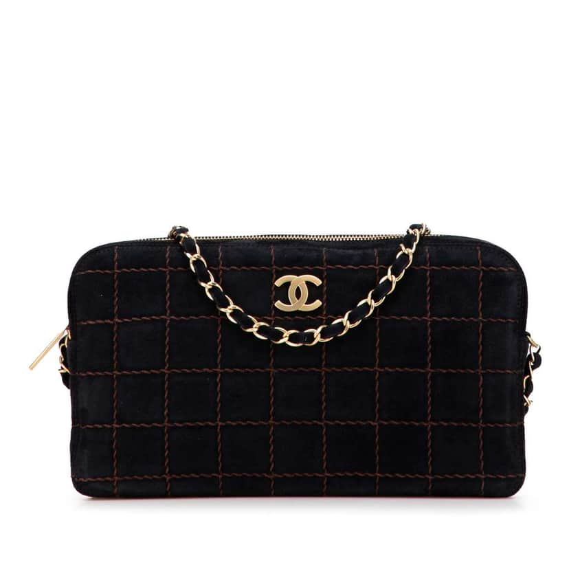 Chanel CC Chocolate Bar Suede Chain Camera Bag Black Leather Good condition - Front View