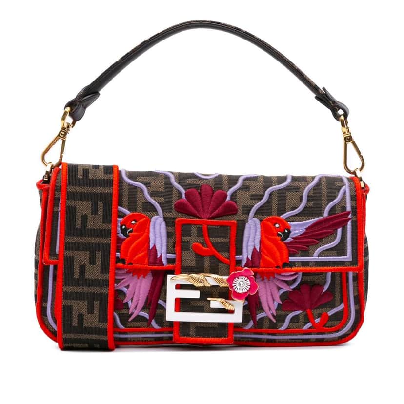 Fendi Zucca Embroidered Canvas Bird Baguette Satchel Brown Canvas Good condition - Front View